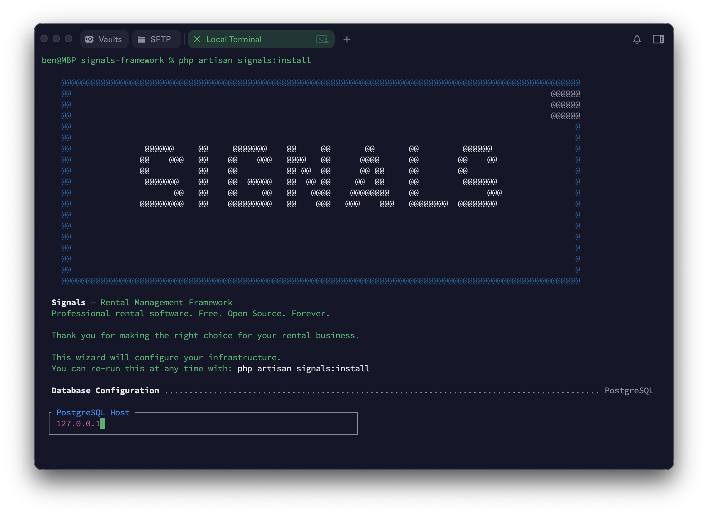 The signals:install wizard configuring database and cache