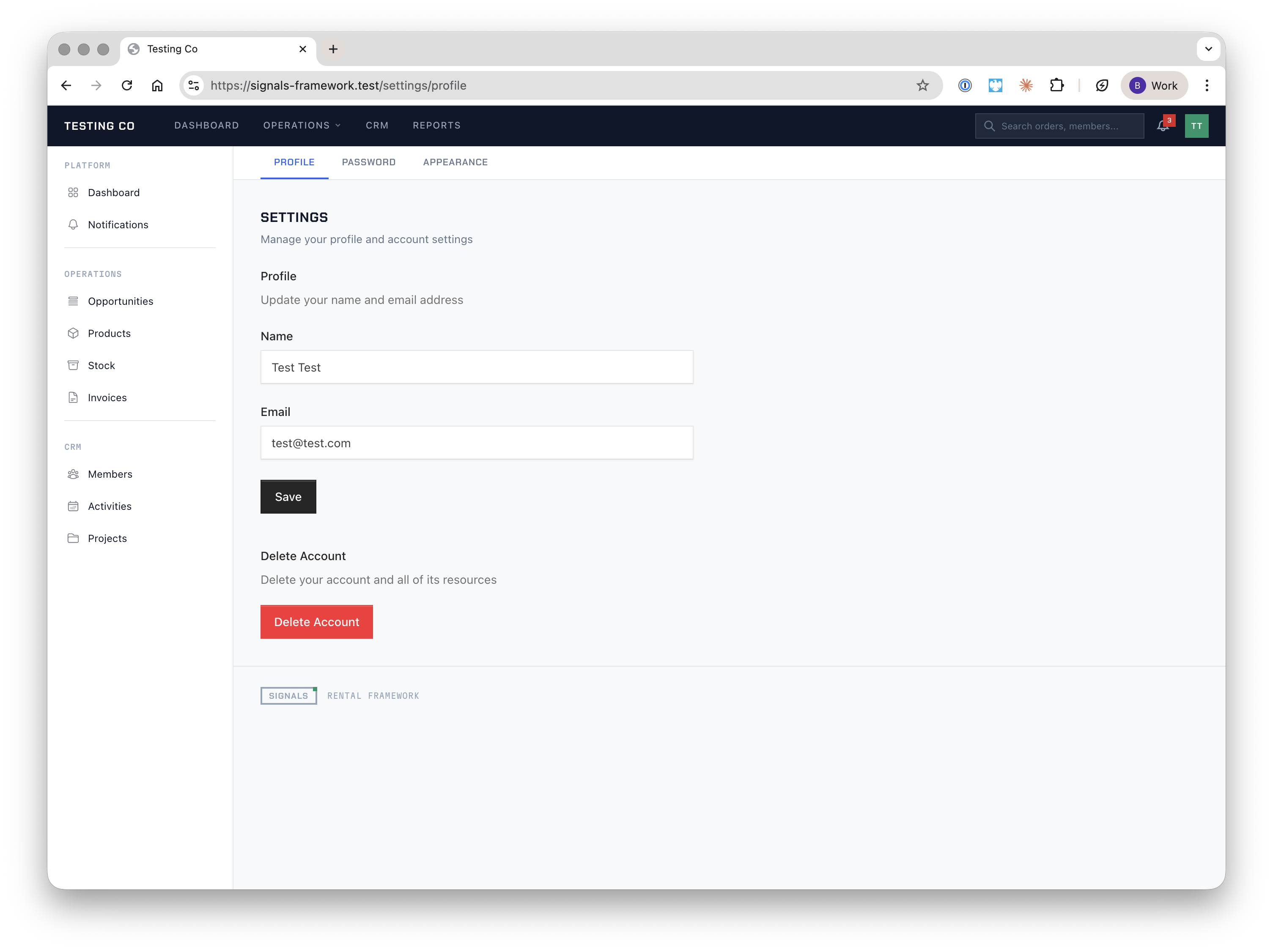 The settings page showing profile, password, and appearance tabs