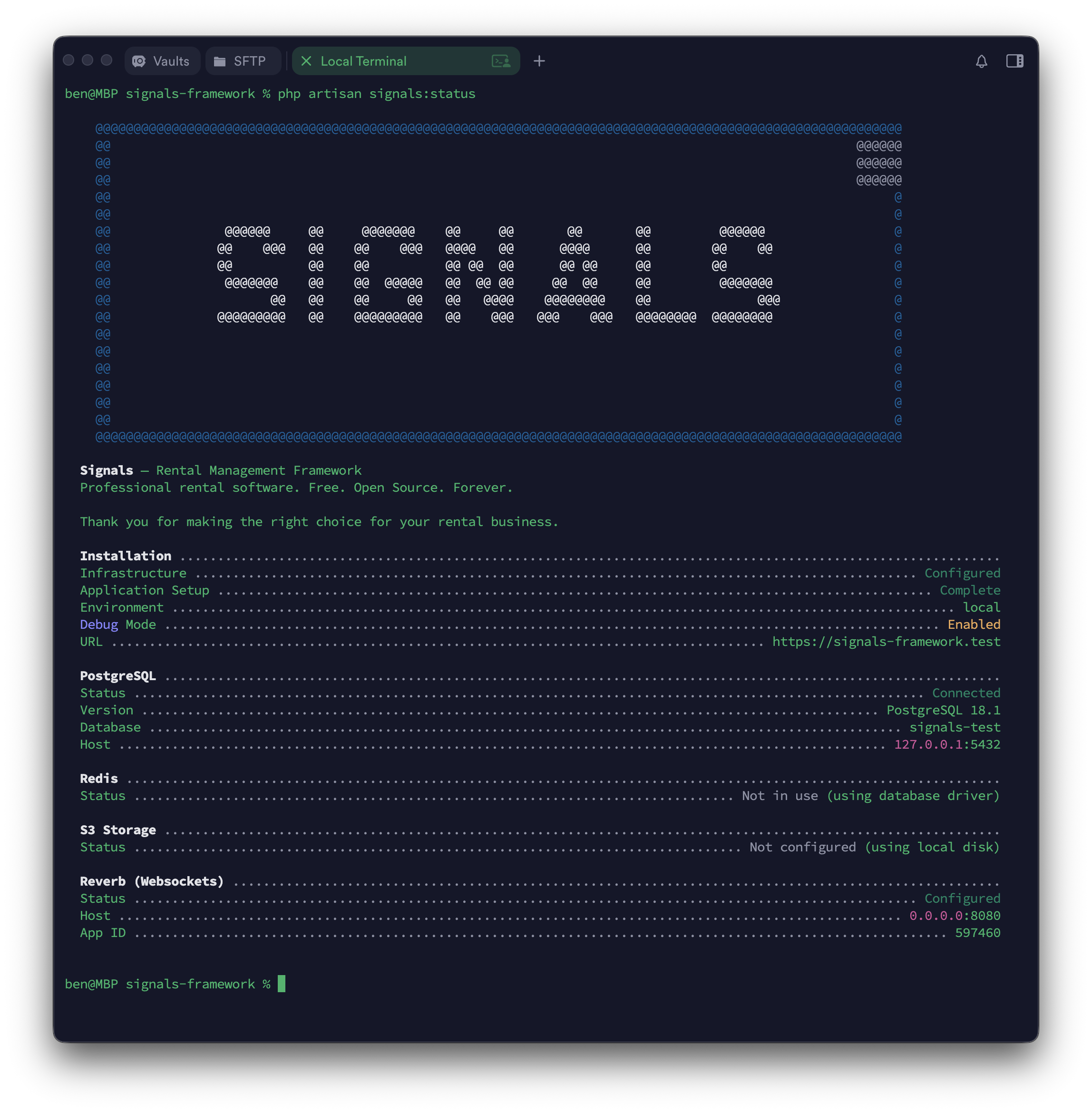 The signals:status command showing installation health