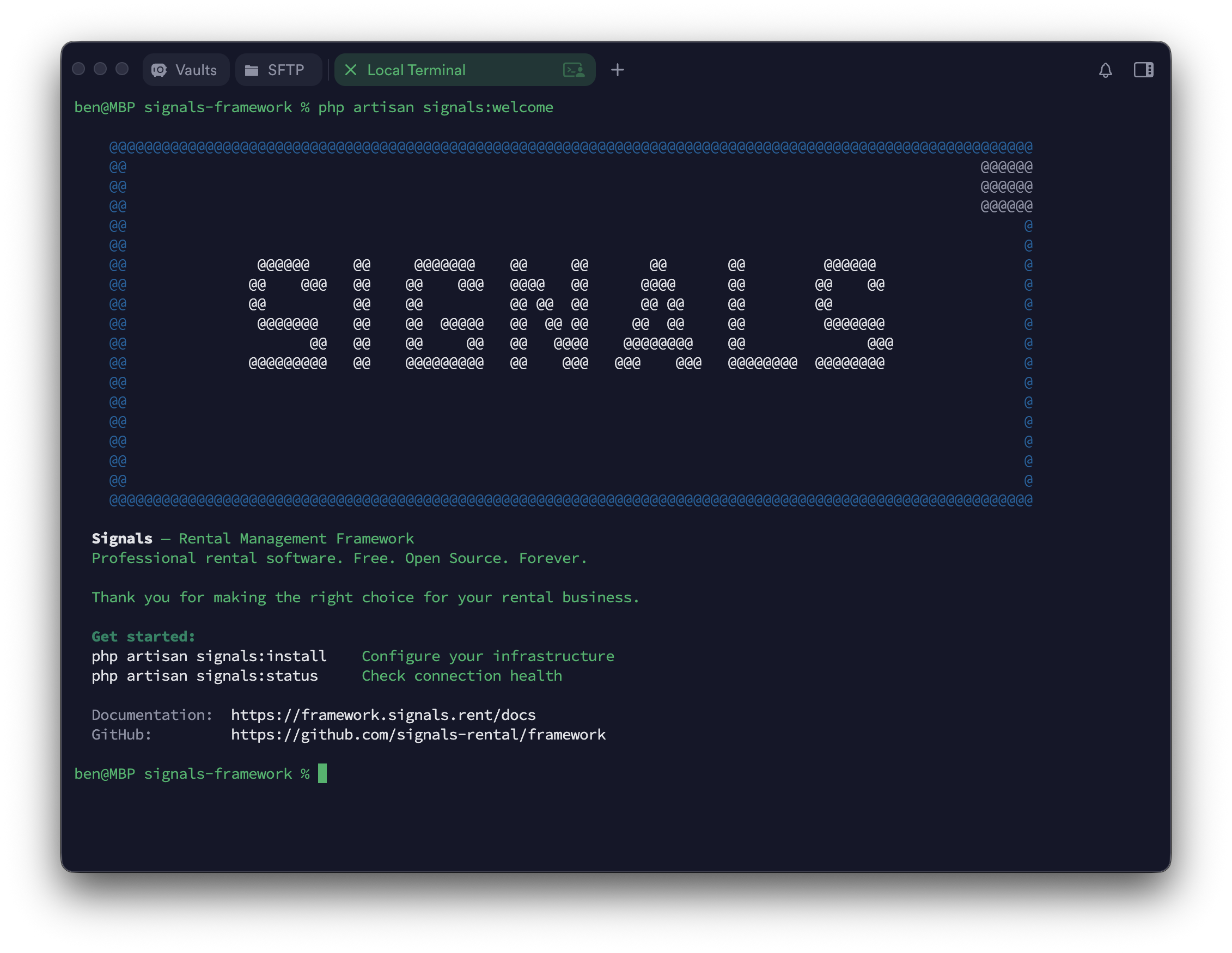 The signals:welcome command output